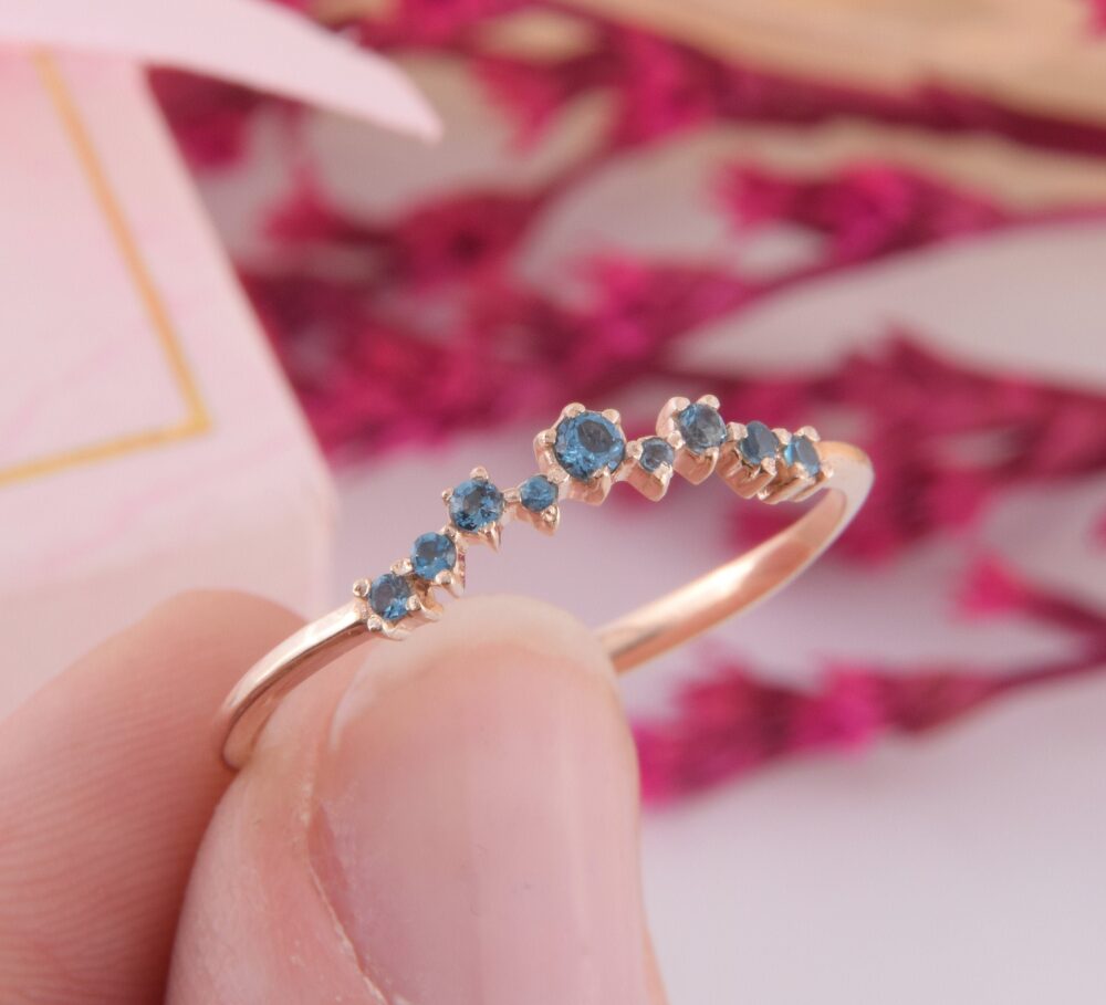 Small & Dainty 14K Rose Gold Curved Cluster Blue Topaz Wedding Band, Unique Delicate Band For Her, London Womens Ring