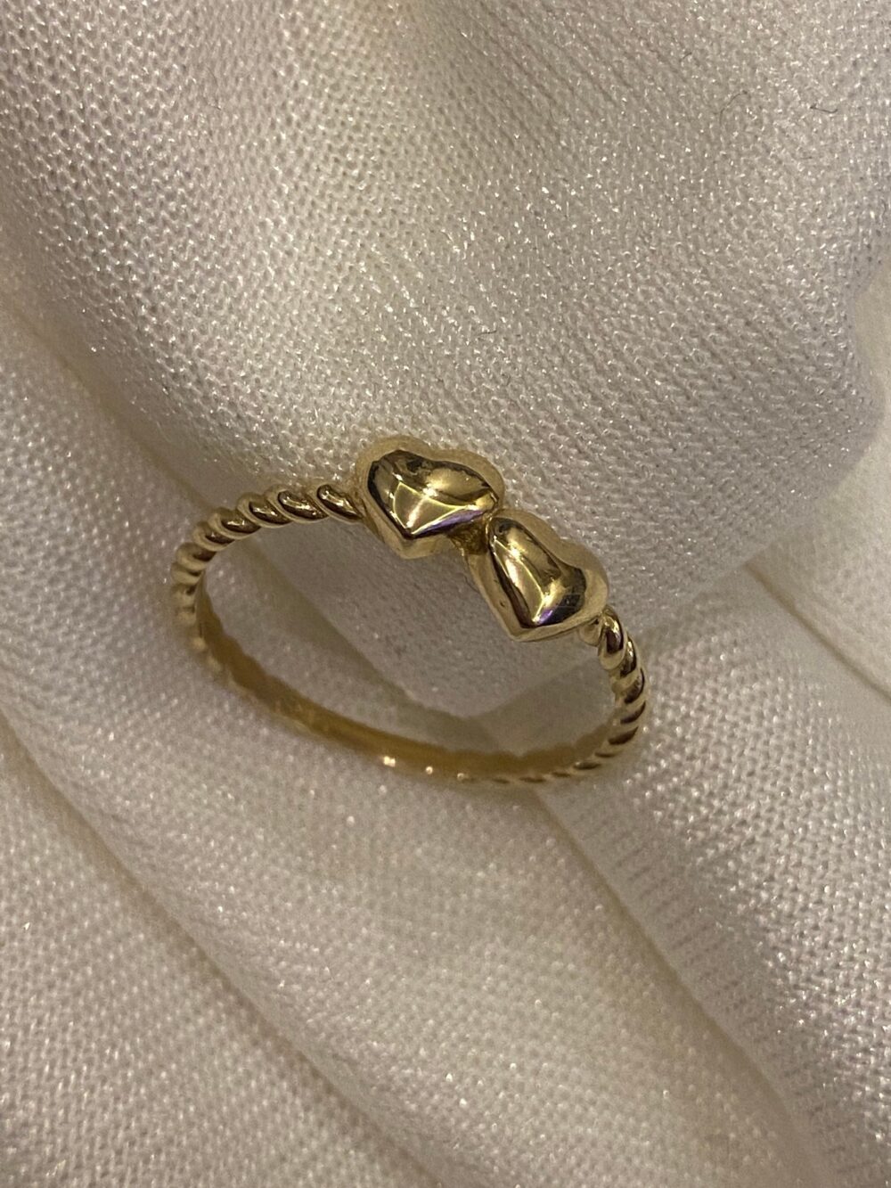 14K Solid Gold Double Heart Ring, Rings, Lovers Puffy Tiny Hearts, Beaded Gift For Her