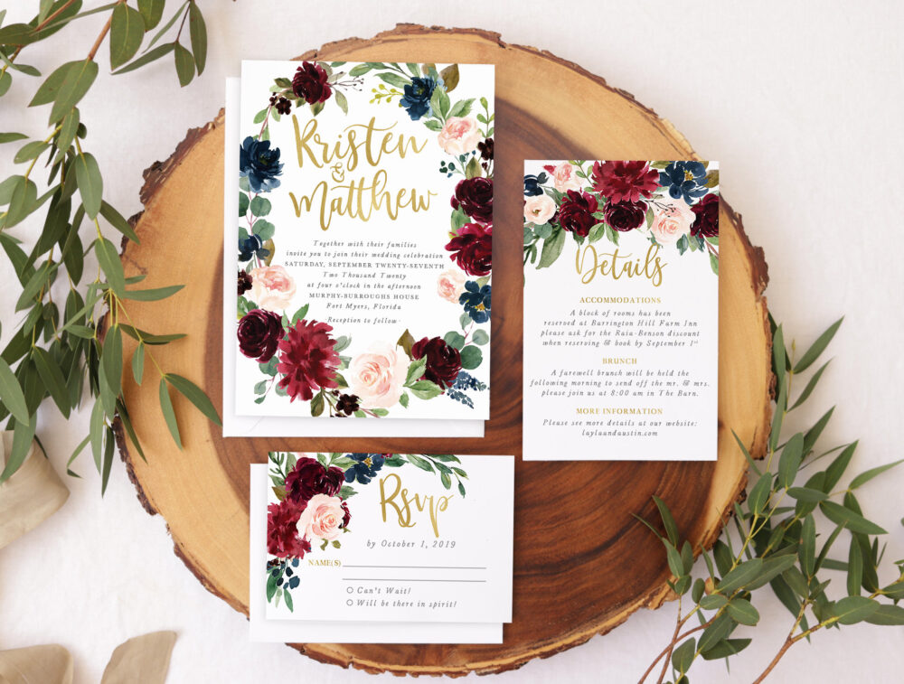 Professionally Designed & Printed Wedding Invitations, Fall Autumn Invites, Navy, Blush & Burgundy, Kristen
