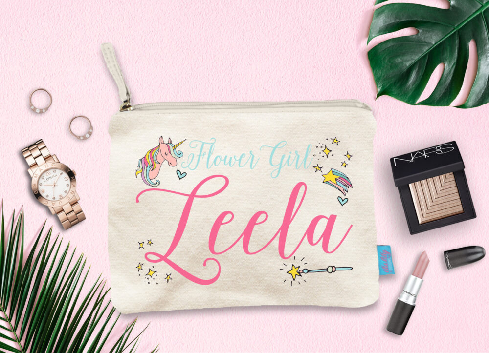 Personalized Flower Girl Unicorn Makeup Bag, Initial Cosmetic Bag