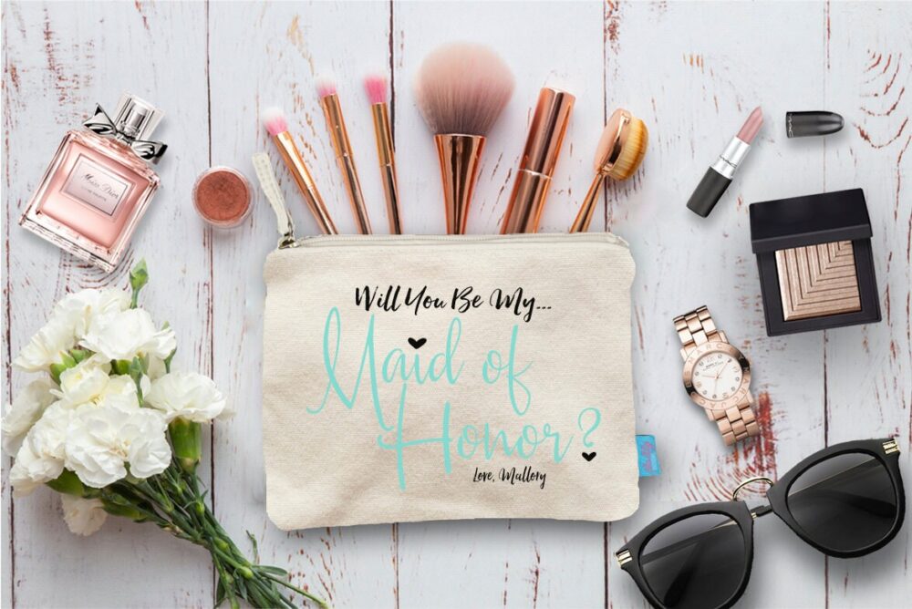 Maid Of Honor Makeup Bag, Wedding Party Gift, Cotton Canvas Cosmetic Pouch