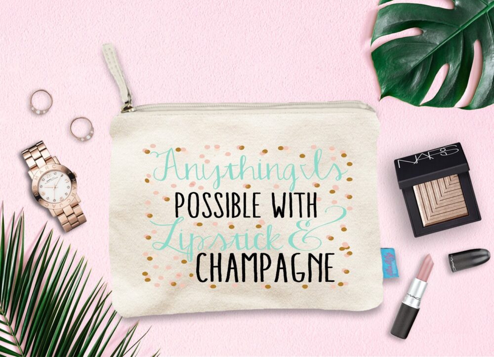 Wedding Day Makeup Bag, Bridesmaid Cosmetic Pouch, Lipstick & Champagne Canvas Bag