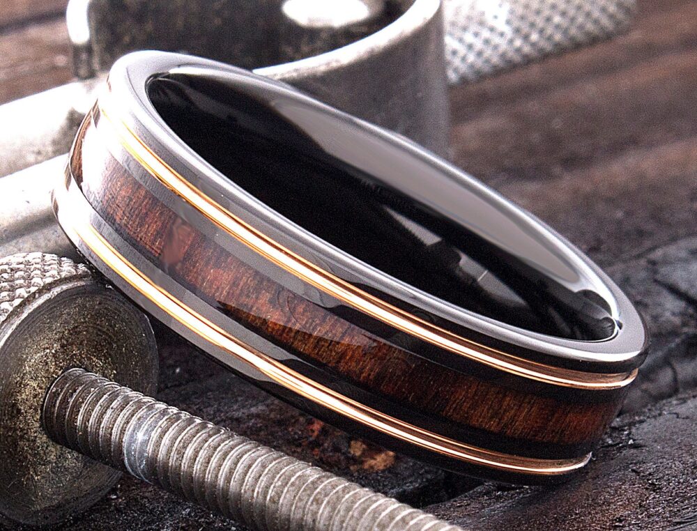 Tungsten Wood Ring, Mens Wedding Band, Engraved Wooden Anniversary Promise Band
