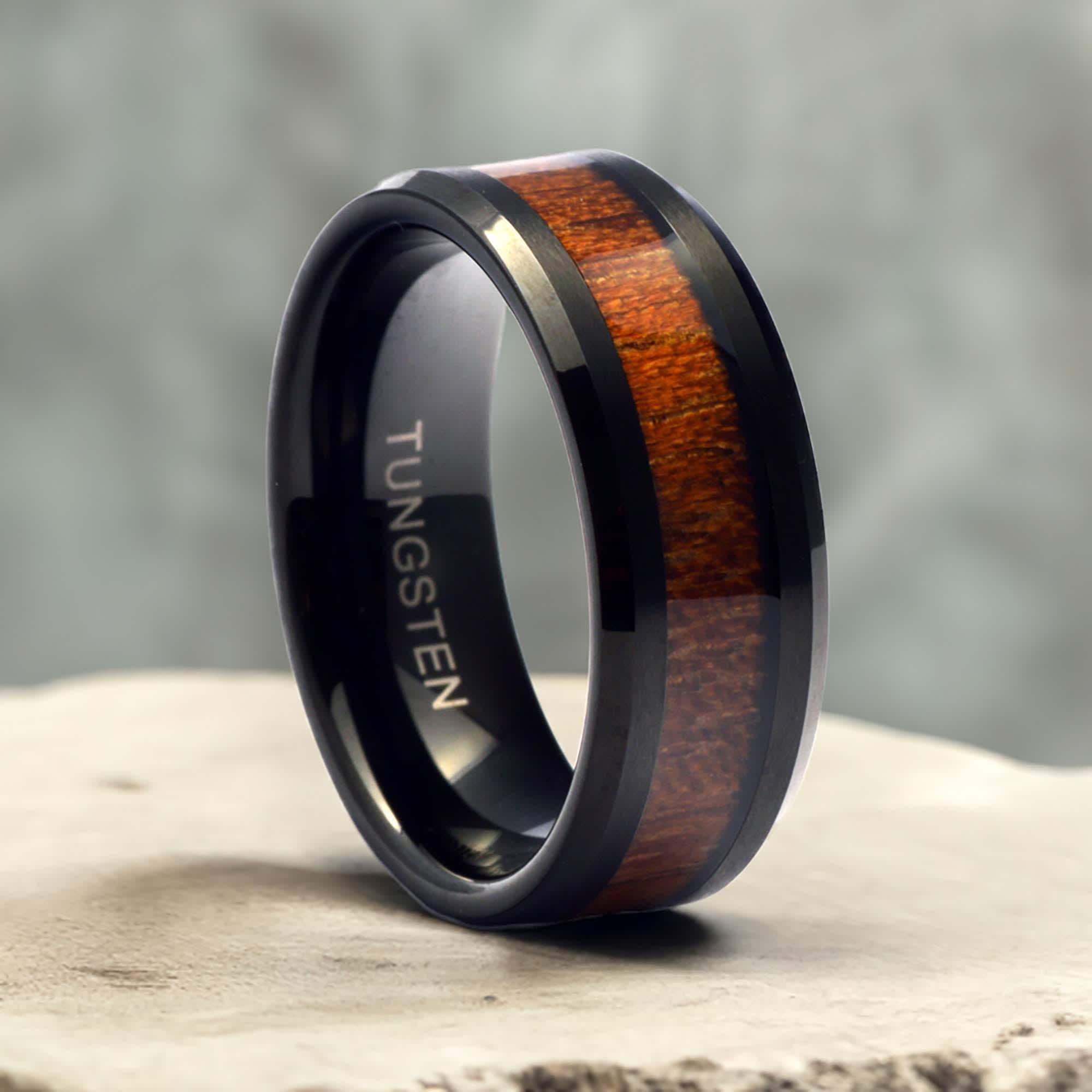 Wood Mens Wedding Band, Black Tungsten Ring, Wooden Ring Men, Men’s Band Tungsten Wood