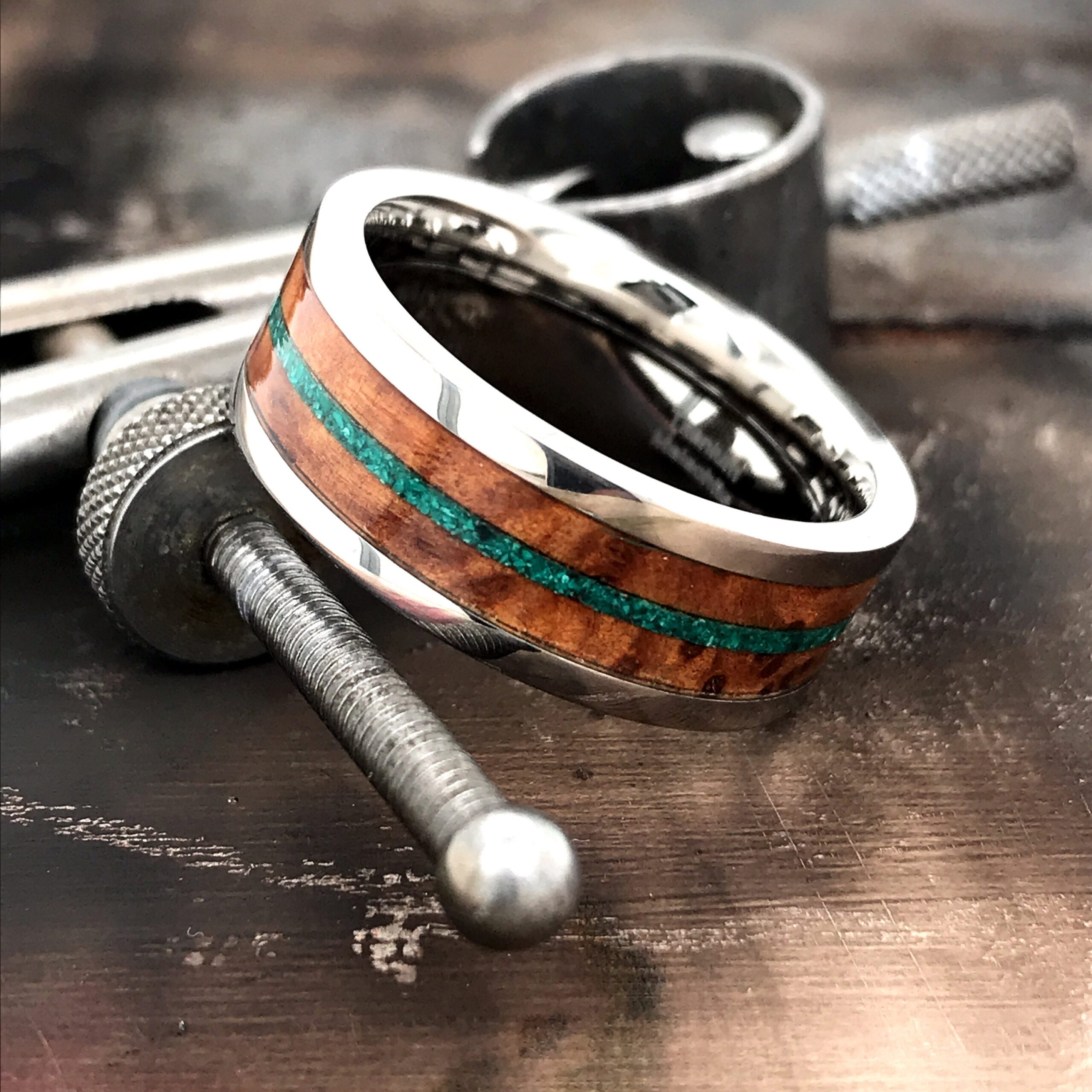 Titanium Wedding Band Wooden Ring Green Malachite With Stone Mens Women’s
