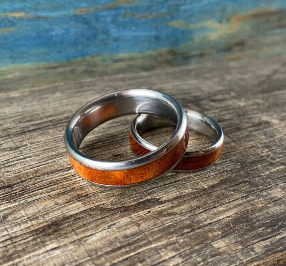 Matching Amboyna Burl Wedding Band Set - Exotic Wood Men's Ring- Bands His & Hers Titanium Rings