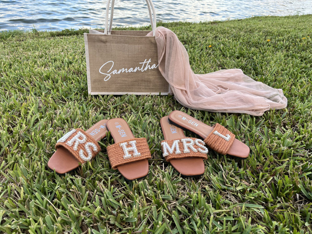 Custom Rhinestone Bridal Straw Slippers Beach Bride Honeymoon Gift