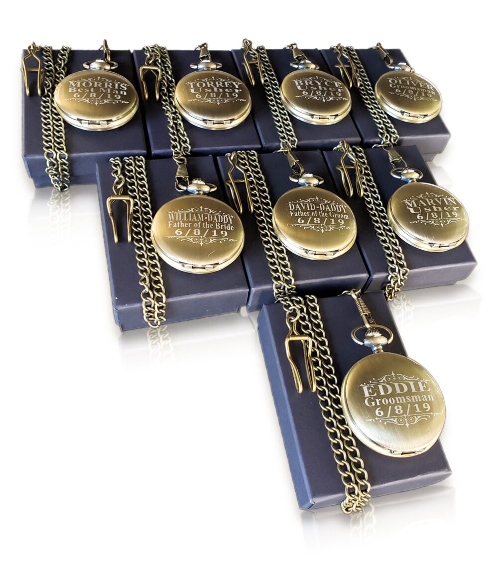 7 Groomsman Gifts - Laser Engraved Pocket Watches Silver -Personalized Gift Wedding Men's Set Groom