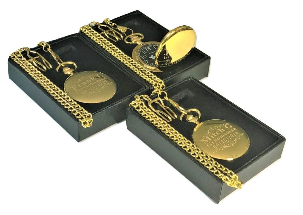 3 Personalized Engraved Gold Pocket Watches, Mens Gift Box, Chain & Engraving Included, Vintage New Style
