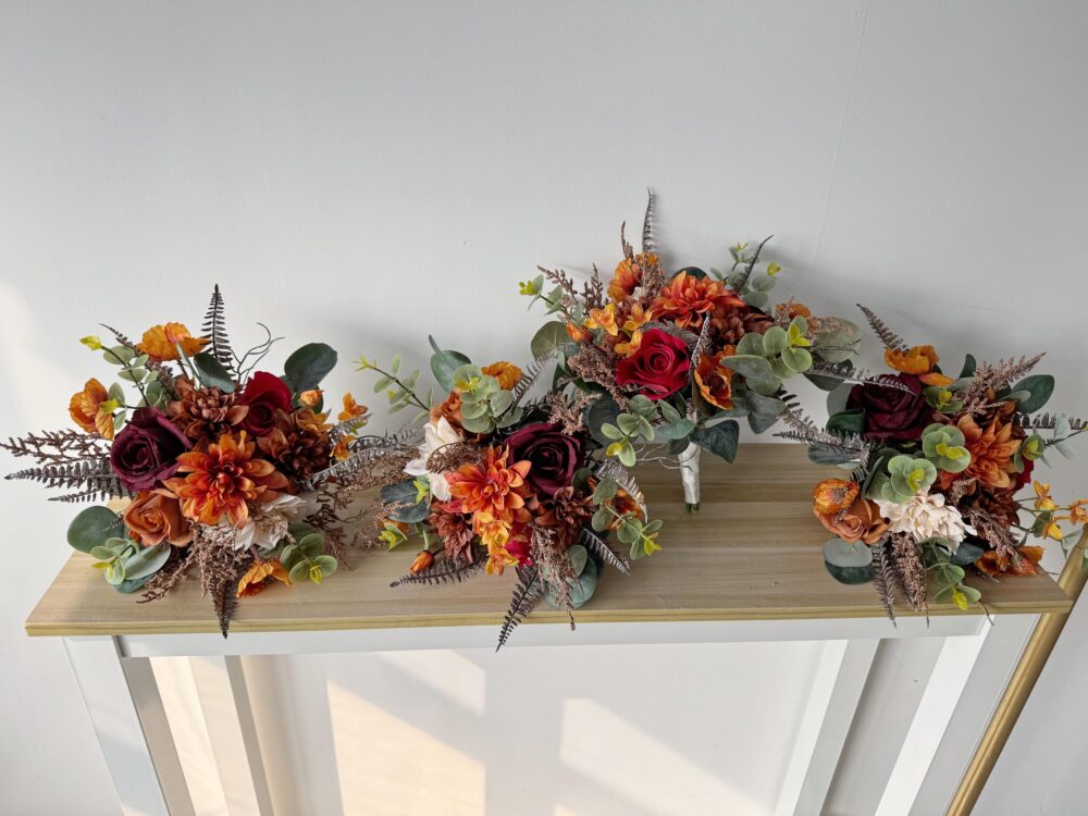 Burnt Orange & Burgundy Wedding Flowers, Fall Bouquets, Rustic Eucalyptus Faux Flowers