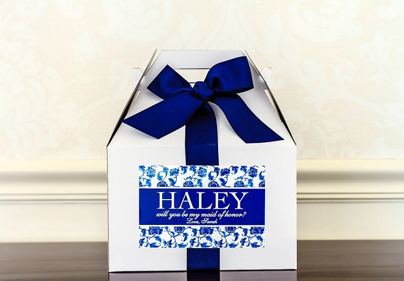 Will You Be My Maid Of Honor Box - Wedding Party Proposal Matron Navy Bridesmaid Luncheon Gift Bridal