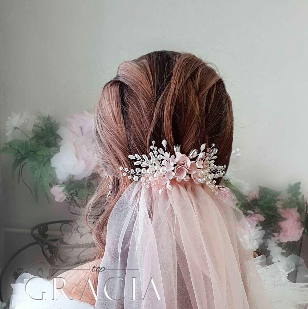 Blush Wedding Veil & Headpiece Veil Fingertip Comb Bridal Hair Veils With Blusher