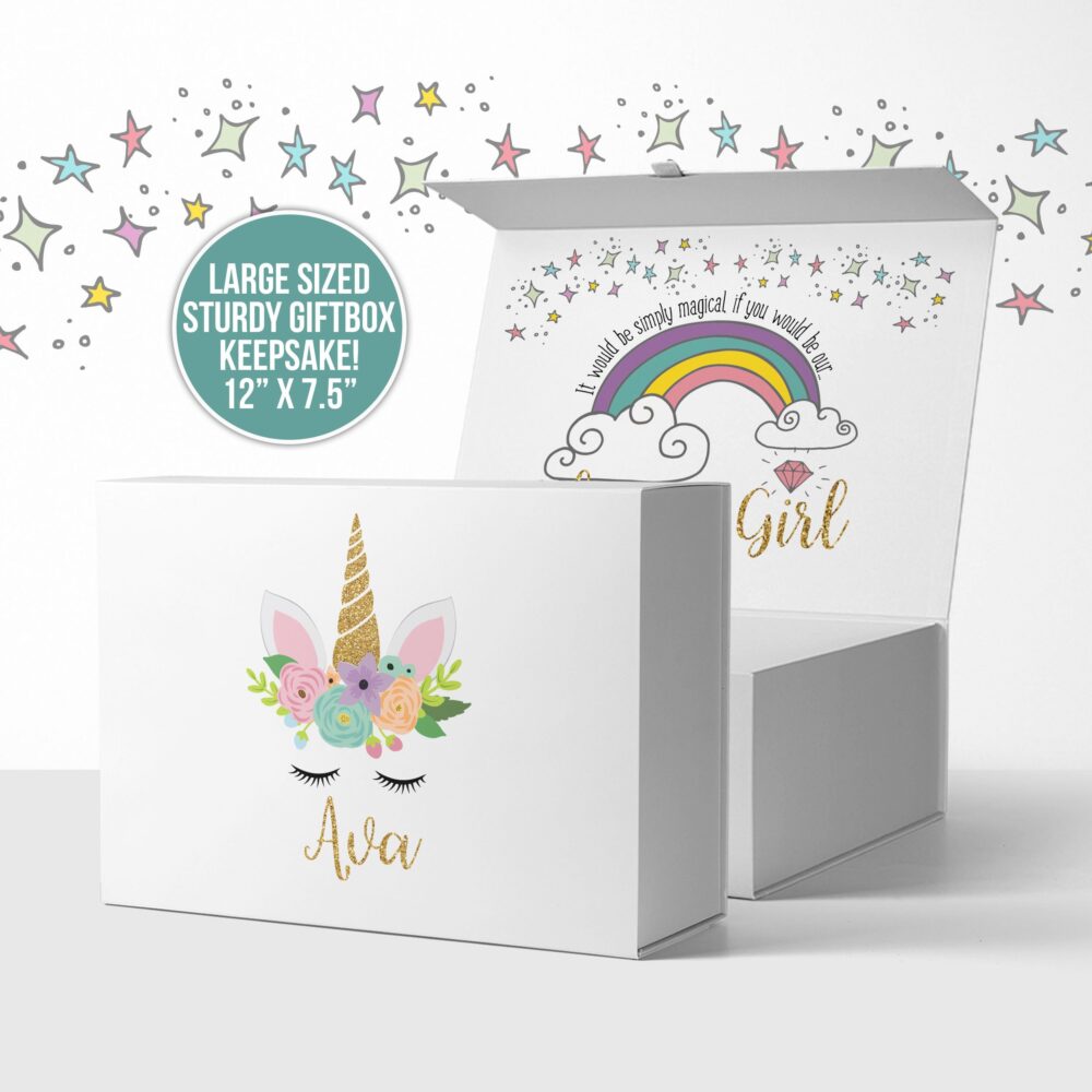 Flower Girl Bridesmaid Proposal Box | Gold Glitter Or Foil Unicorn Gift Magical Rainbow Be Our Flower Mbmb-006
