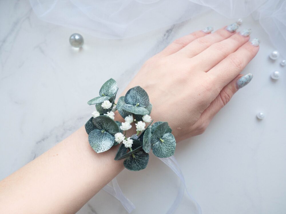 Wedding Flower Girl Bracelet - Eucalyptus Bride Wrist Corsage