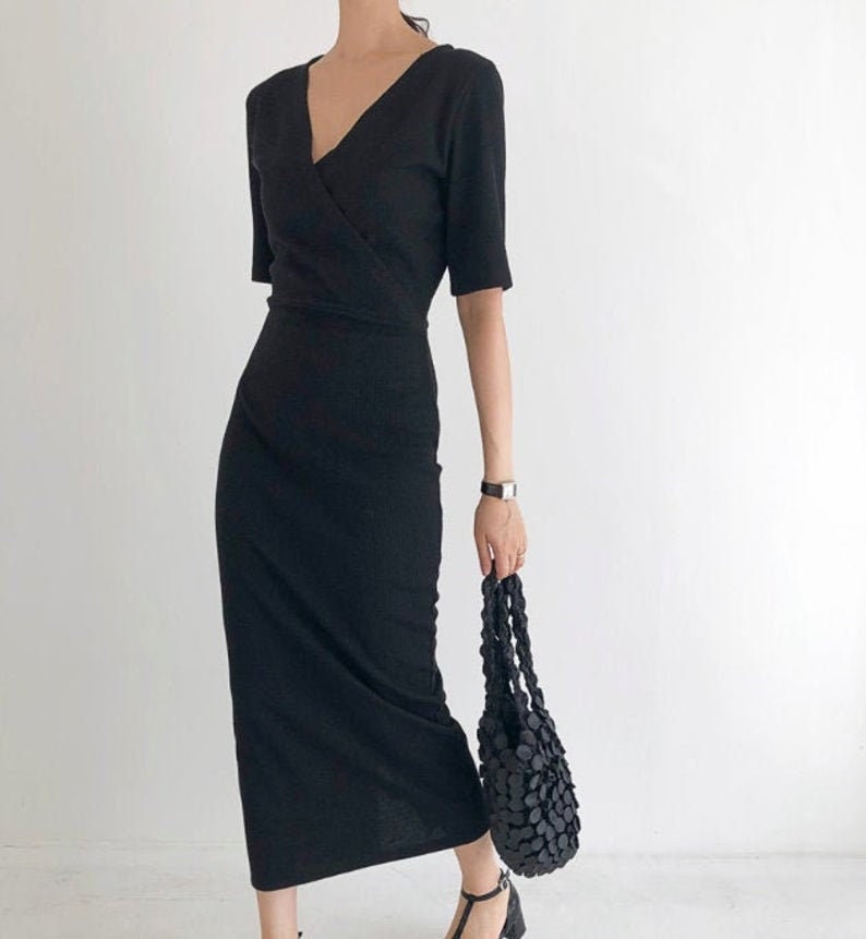 Wrap Dress/Mood Wrap Satin Style Maxi Long Black Summer