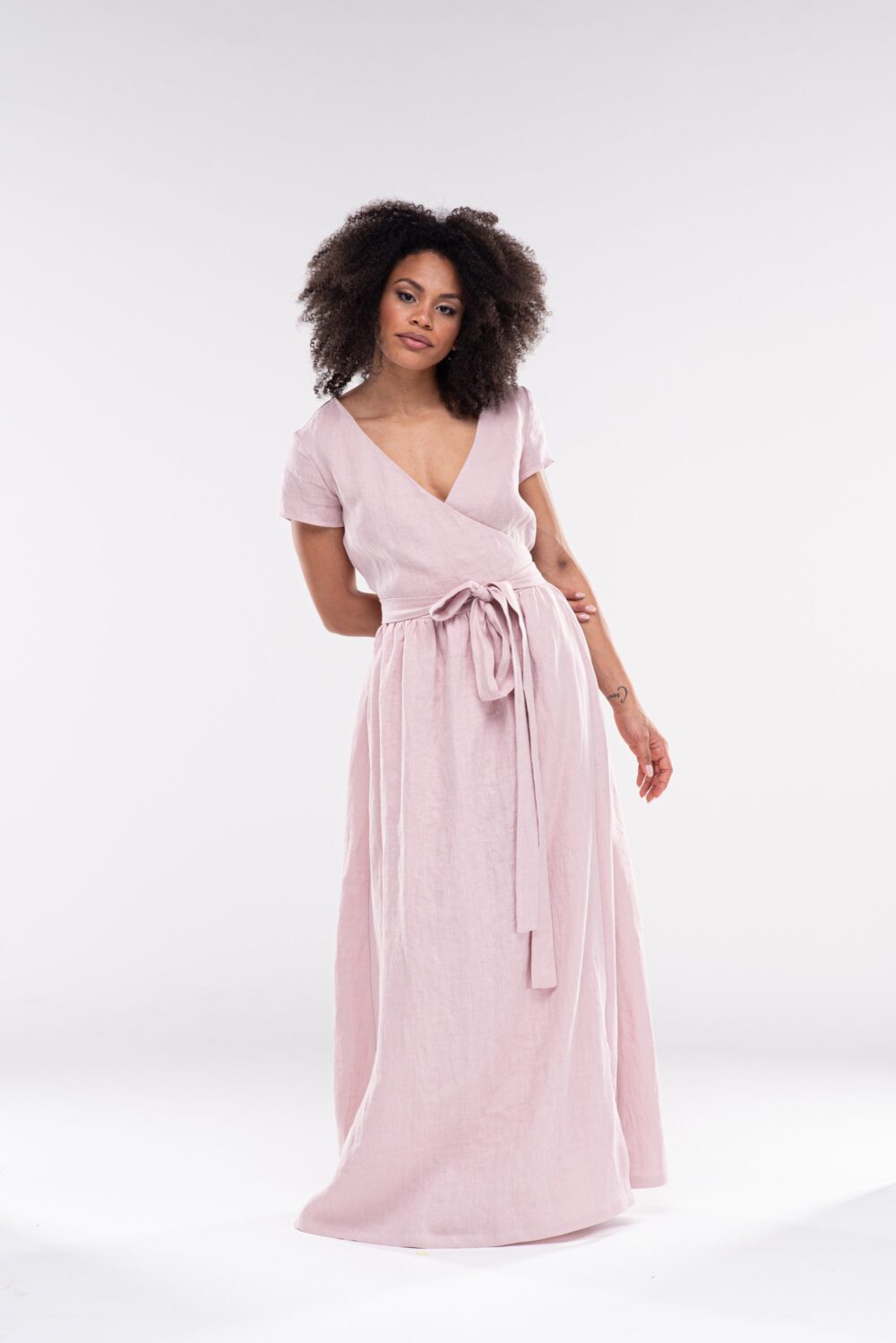 Long Linen Wrap Dress Short Sleeve Summer Dress With Pockets, Dara