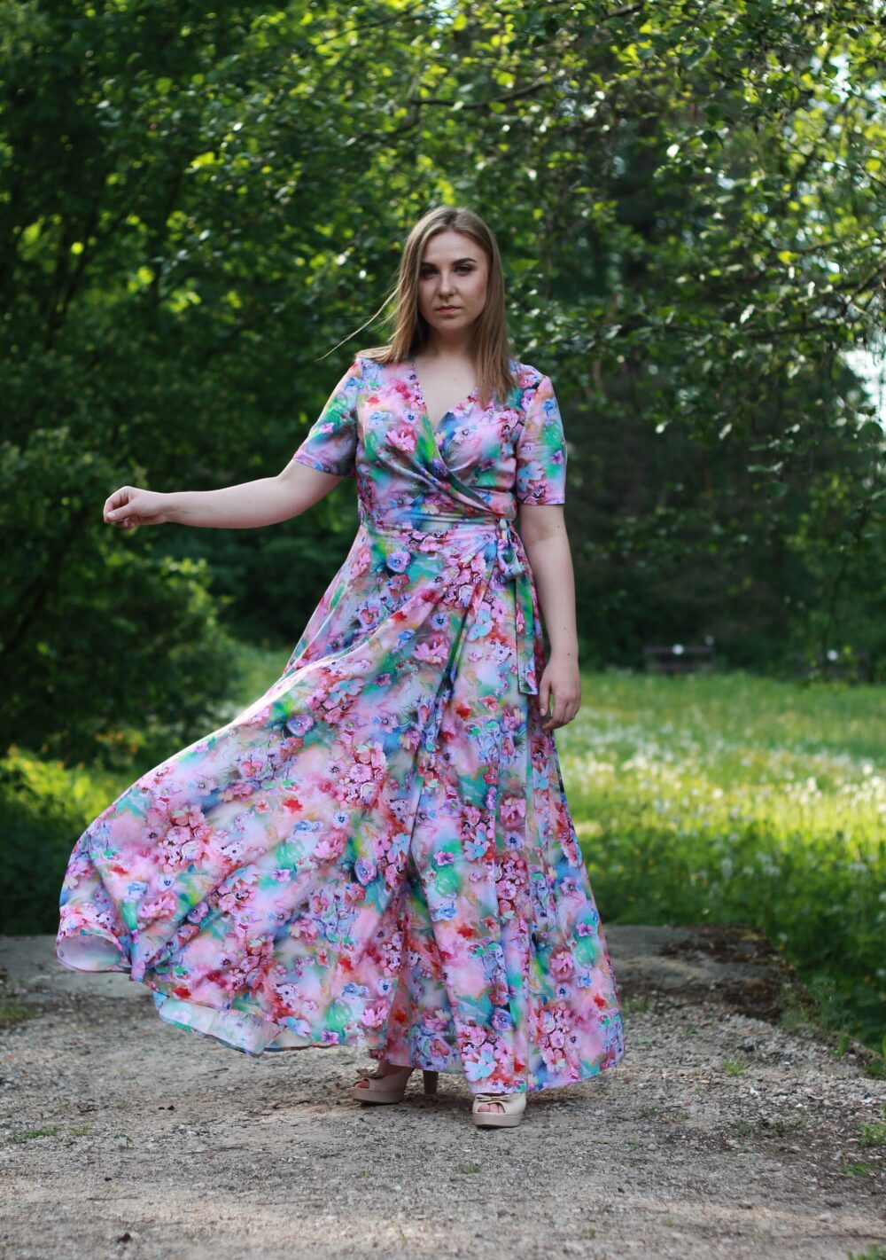 Maxi Floral Wrap Dress. Floral Dress Wedding Guest. Flowing Soft Viscose With Belt & Pockets. Plus Size Tea Bridesmaid