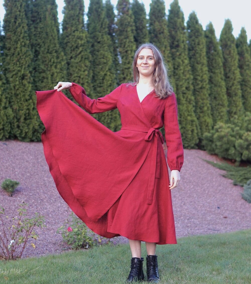 Linen Wrap Dress With Long Sleeves. Autumn Wedding Guest Dress. Mother Bride Dress. Burgundy Red Christmas Elegant Midi Dress