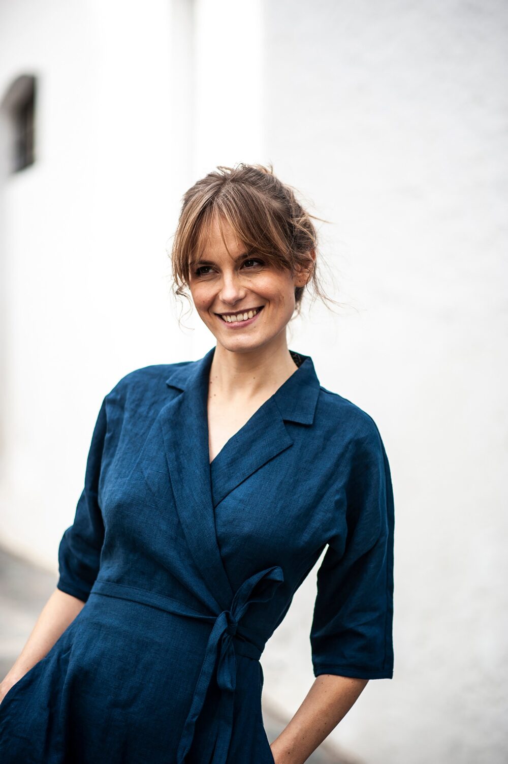 Linen Wrap Dress Athena Navy Blue Midi With Shawl Collar