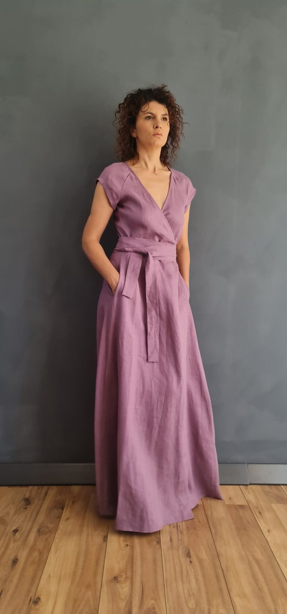 Linen Wrap Dress, Lavender Women Long Pure Maxi Clothing