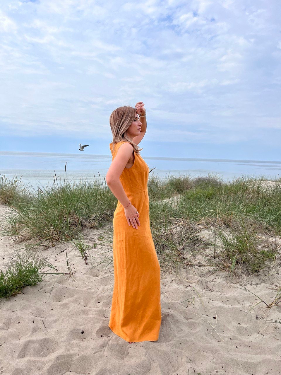 Linen Maxi Dress, Mustard Yellow White Linen Wrap Wrap Dress, Summer Natural