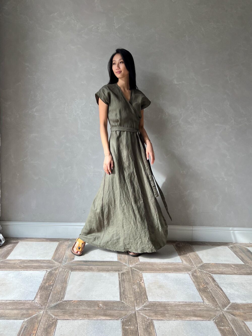 Linen Wrap Dress, Maxi Kaftan Long Swing Fit & Flare Around Dress Linna