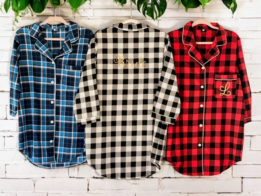 Set Of 4, 5, 6, 7, 8 Bridal Party Pajamas, Monogram Pajamas Shirts, Personalized Sleep Shirts, Bridesmaid Flannel, Wedding Day Button Down Flannel