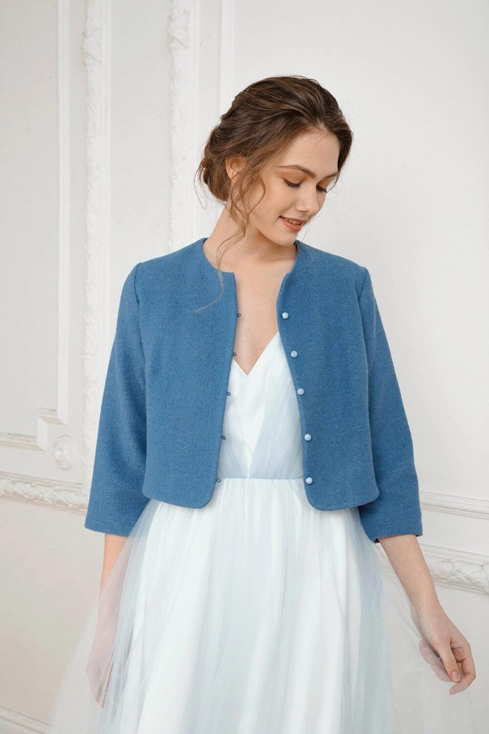 Blue Wool Wedding Jacket Bridal Bolero With Pearl Buttons