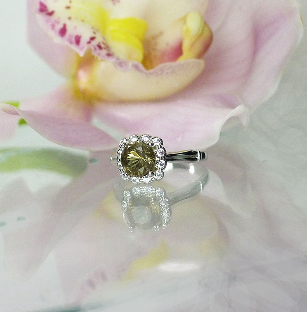 Halo Engagement Ring, Sterling Emerald Cut Herkimer Diamond Ring