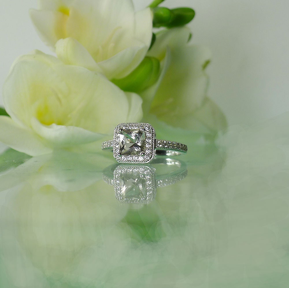 Halo Engagement Ring, Sterling Emerald Cut Herkimer Diamond Ring