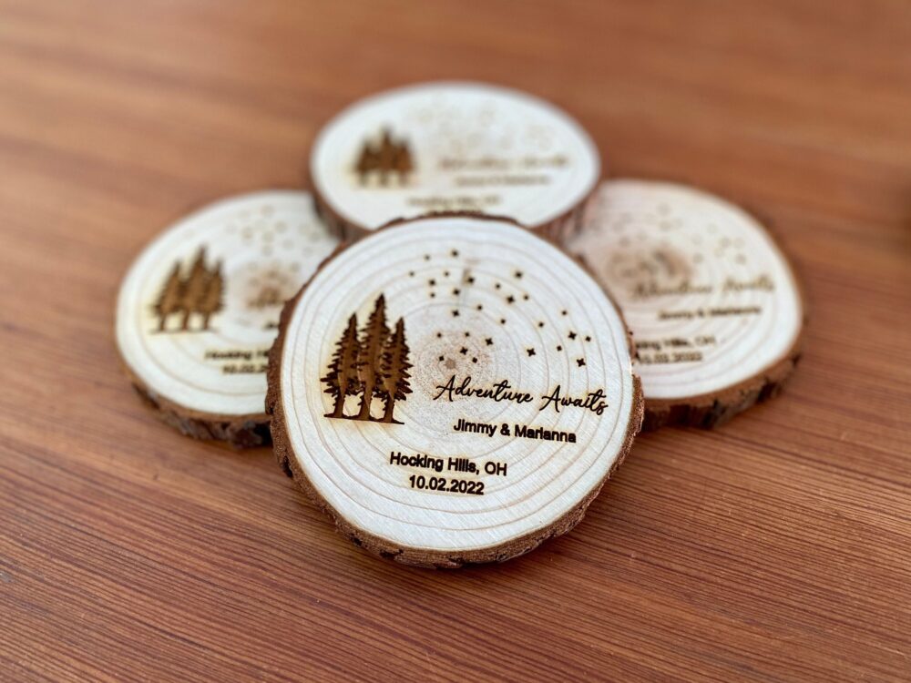 Custom Wood Slice Wedding Favors - Laser Engraved With Couple's Names & Date