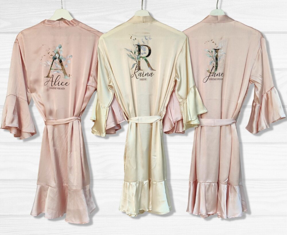 Personalized Satin Bridesmaid Robe, Floral Monogram, Wedding Party Gift