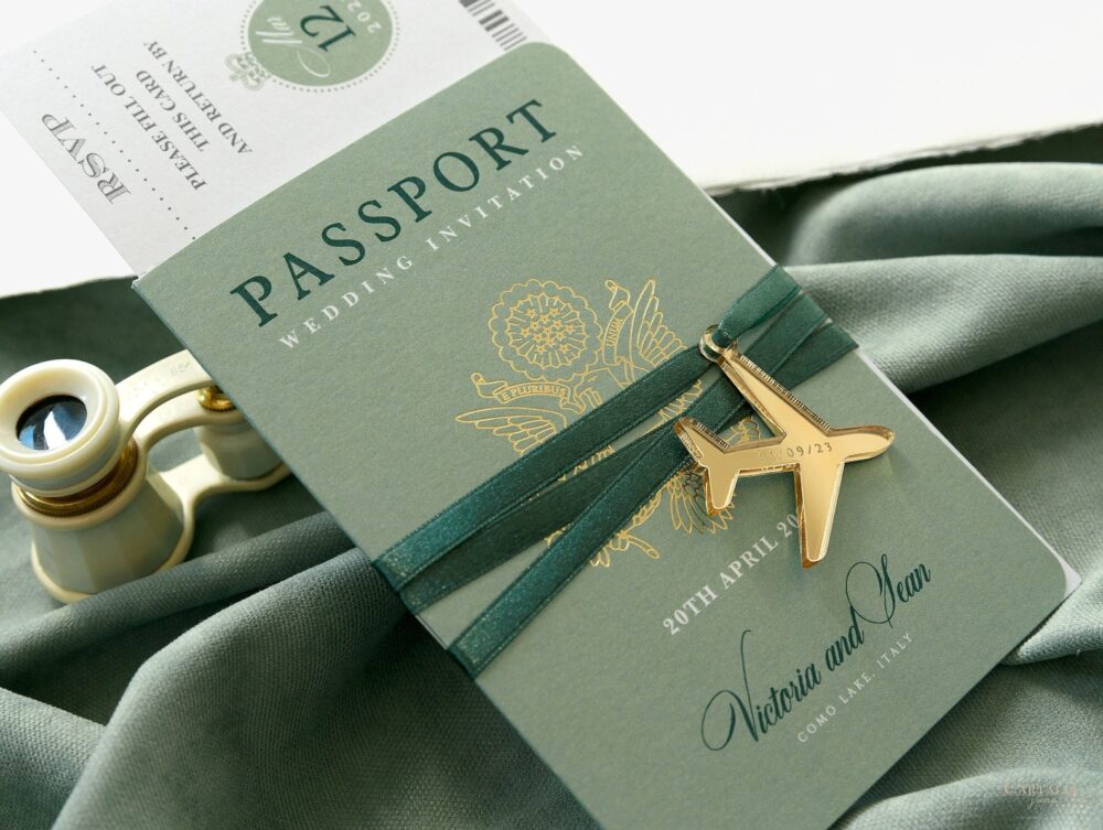 Passport Wedding Invitation Sage Green With Gold Foil + Engraved Airplane Tag, Destination Wedding, Luxury, Boarding Pass