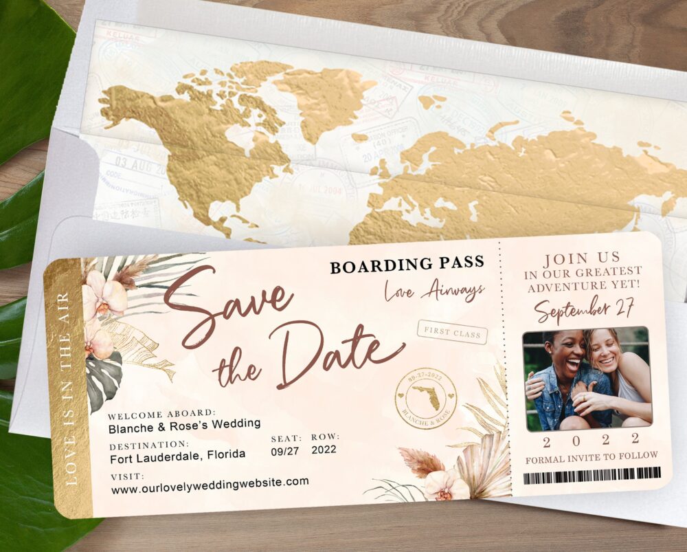 Destination Wedding Boarding Pass Photo Save The Date Tropical Gold Orchid Monstera Palm Leaves Pampas Grass - See Item Details To Order