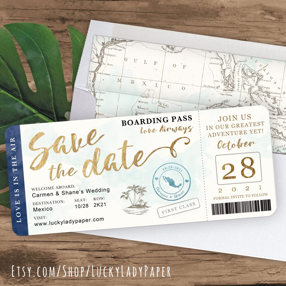 Destination Wedding Boarding Pass Save The Date Invitation in Navy, Gold & Aqua Watercolor By Luckyladypaper - See Item Details To Order