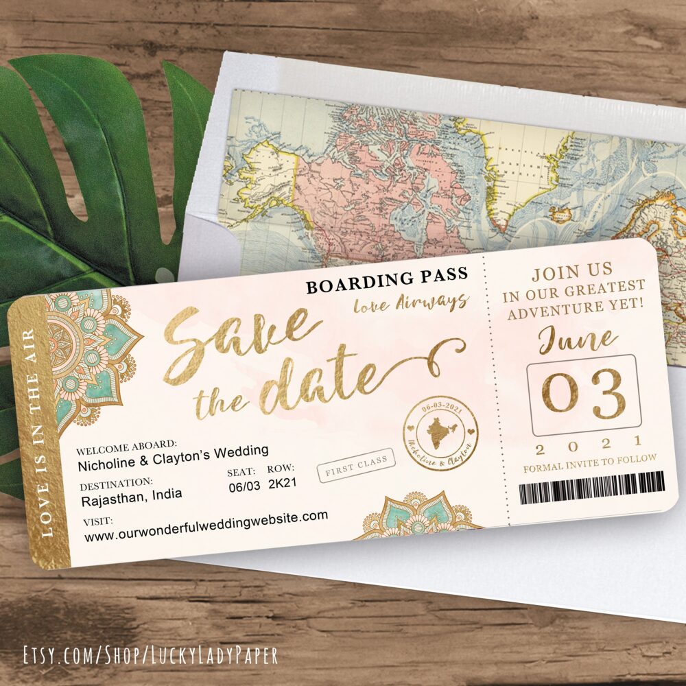 India Destination Wedding Boarding Pass Save The Date Invitation in Gold Mint & Blush Watercolor Mandala Design - See Item Detail To Order