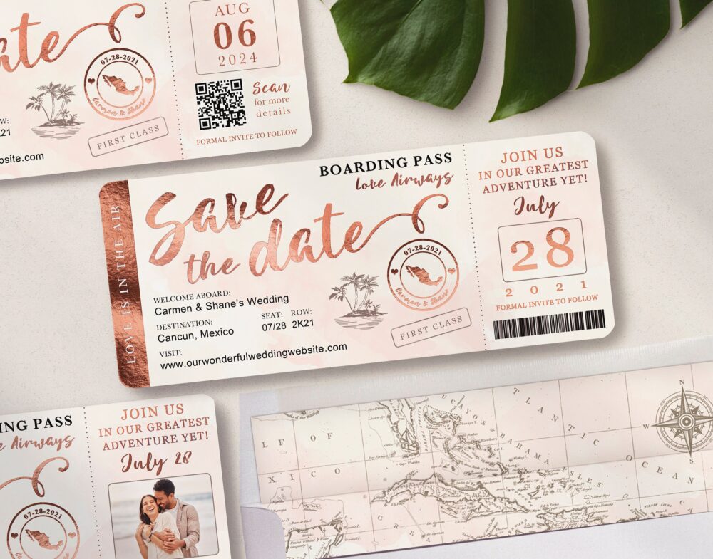 Destination Wedding Boarding Pass Save The Date Invitation in Rose Gold & Blush Watercolor By Luckyladypaper - See Item Details To Order