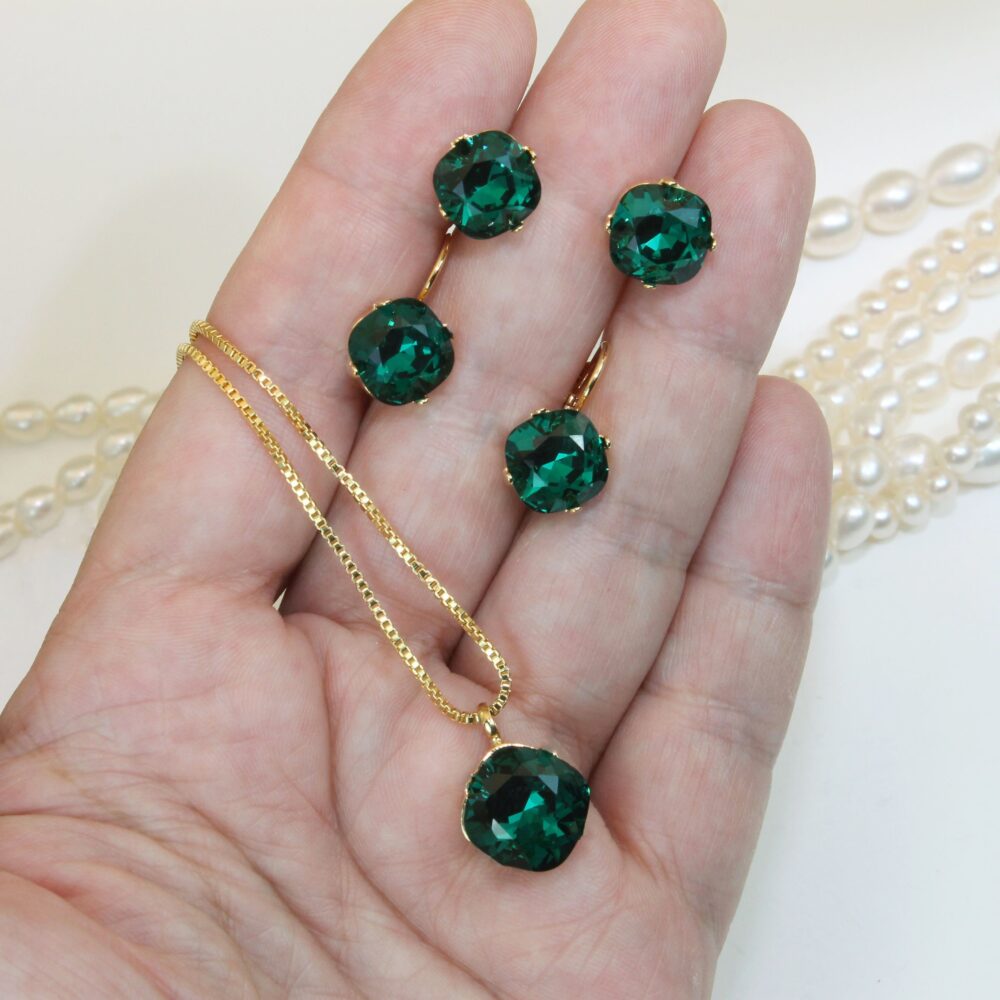 Emerald Jewelry Set, Bridesmaids Green, Necklace & Earrings Crystal Ring, Wedding Mother Of Bride, Ge126