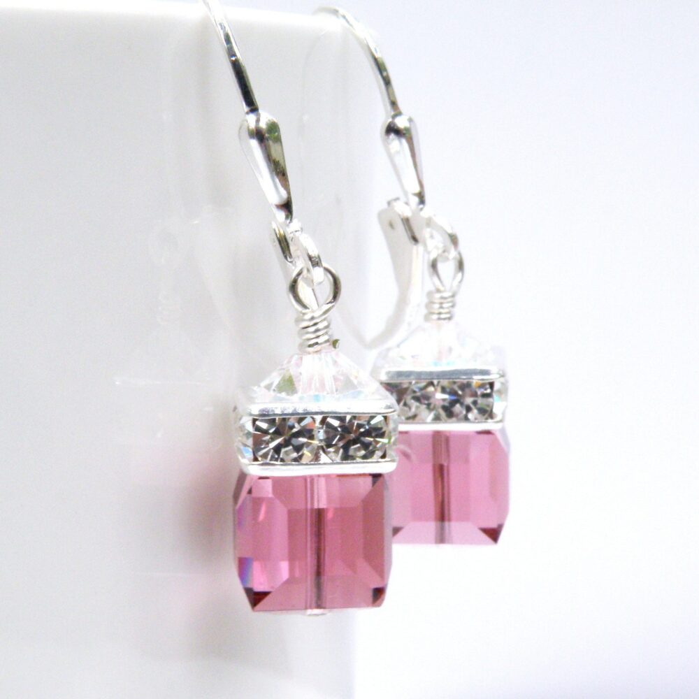 Dusty Rose Crystal Dangle Earrings, Pink Tourmaline Swarovski Cube, Sterling Or Gold, Mauve Wedding Mother Of Bride Jewelry Gift