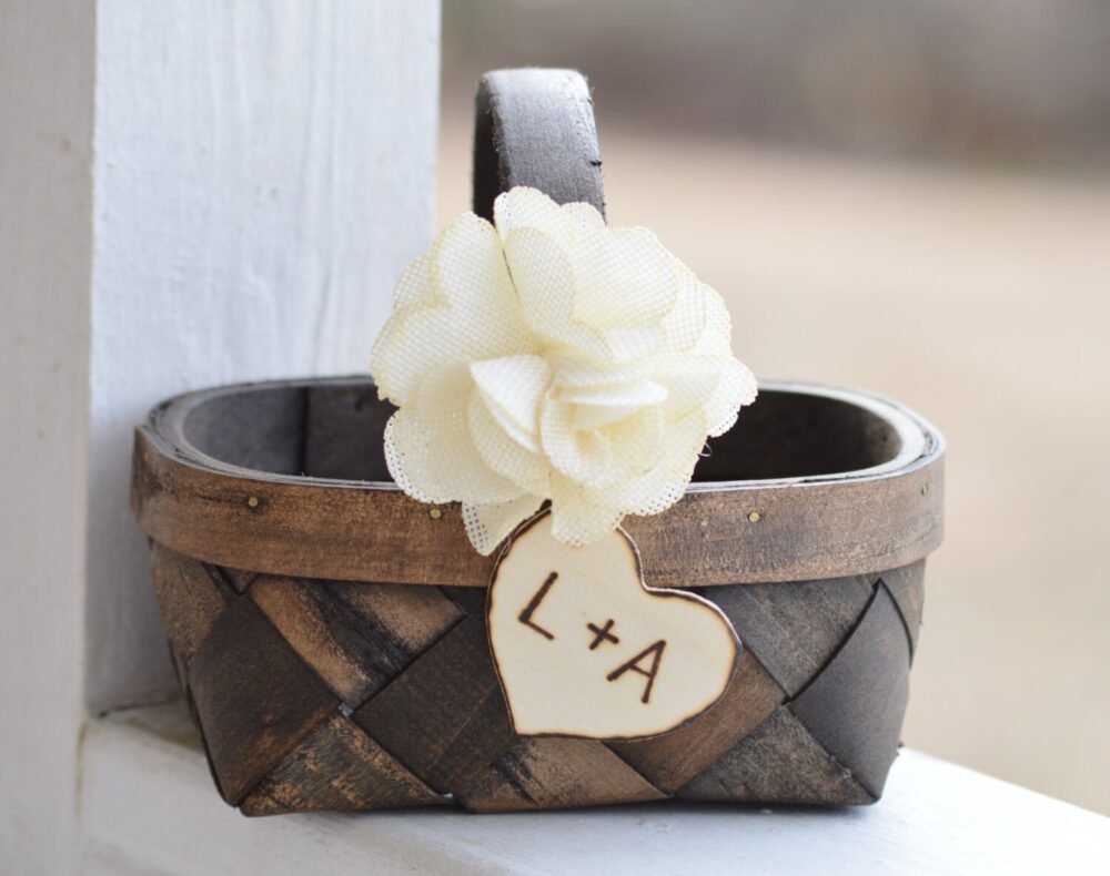 Shabby Chic Wedding Flower Girl Basket, Burlap Woodland Wedding, Rustic B101