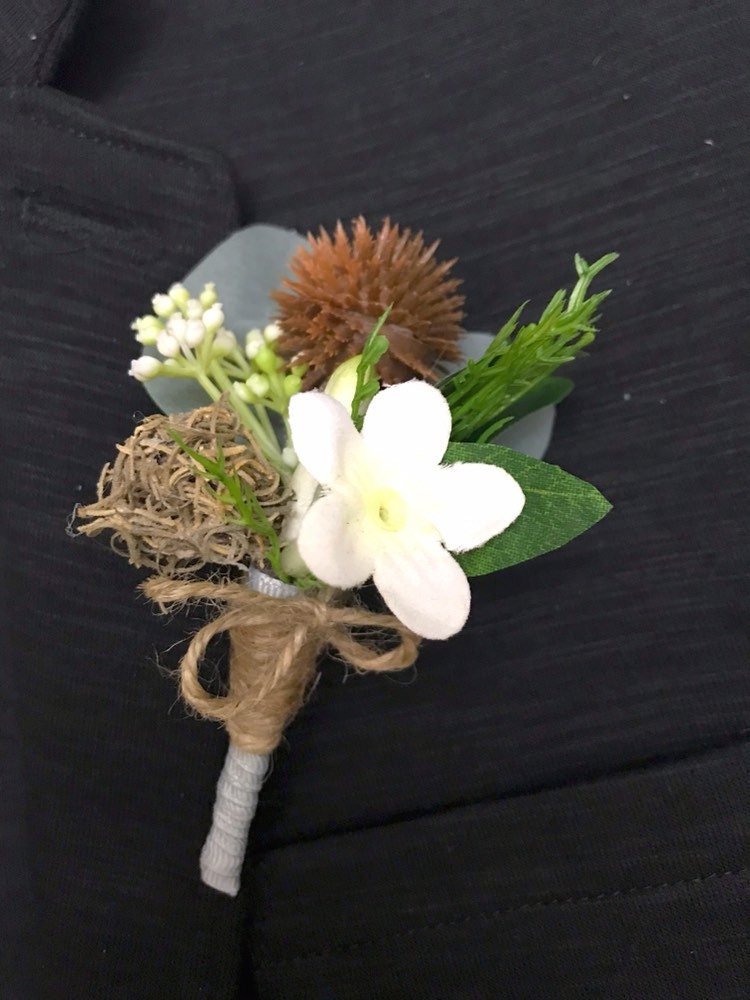 Rustic Wedding Boutonniere Eucalyptus, White Flowers, Twine