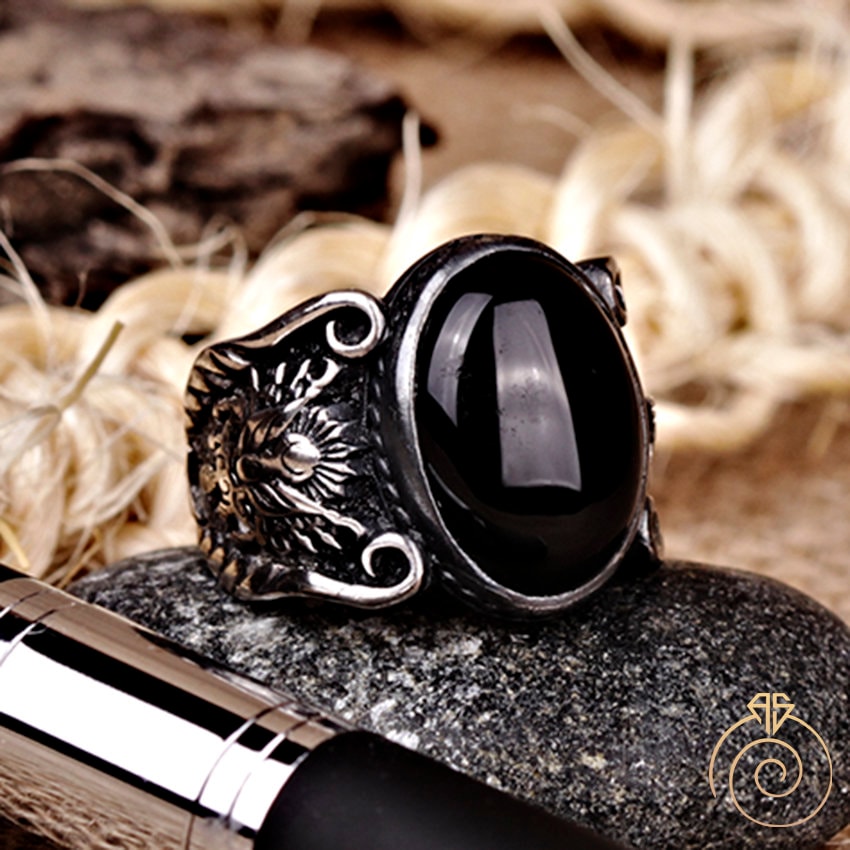 Mens Onyx Rings, Black Stone Silver Statement Ring, Celtic Vintage Signet Viking Warrior Manly Infinity Band | Can Be Gold Custom Made