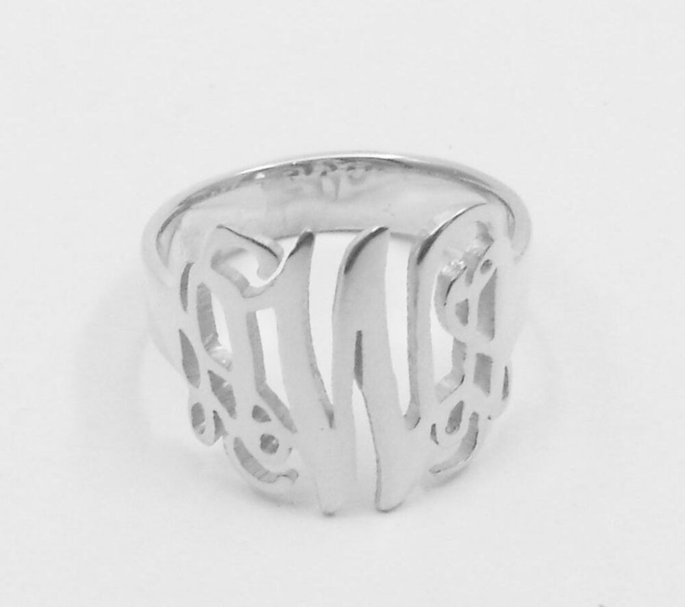 Silver Monogram Ring Initial, Cut Out 3 Initial Personalized, 0.6" Solid 925 Sterling Ring, Birthday Gift