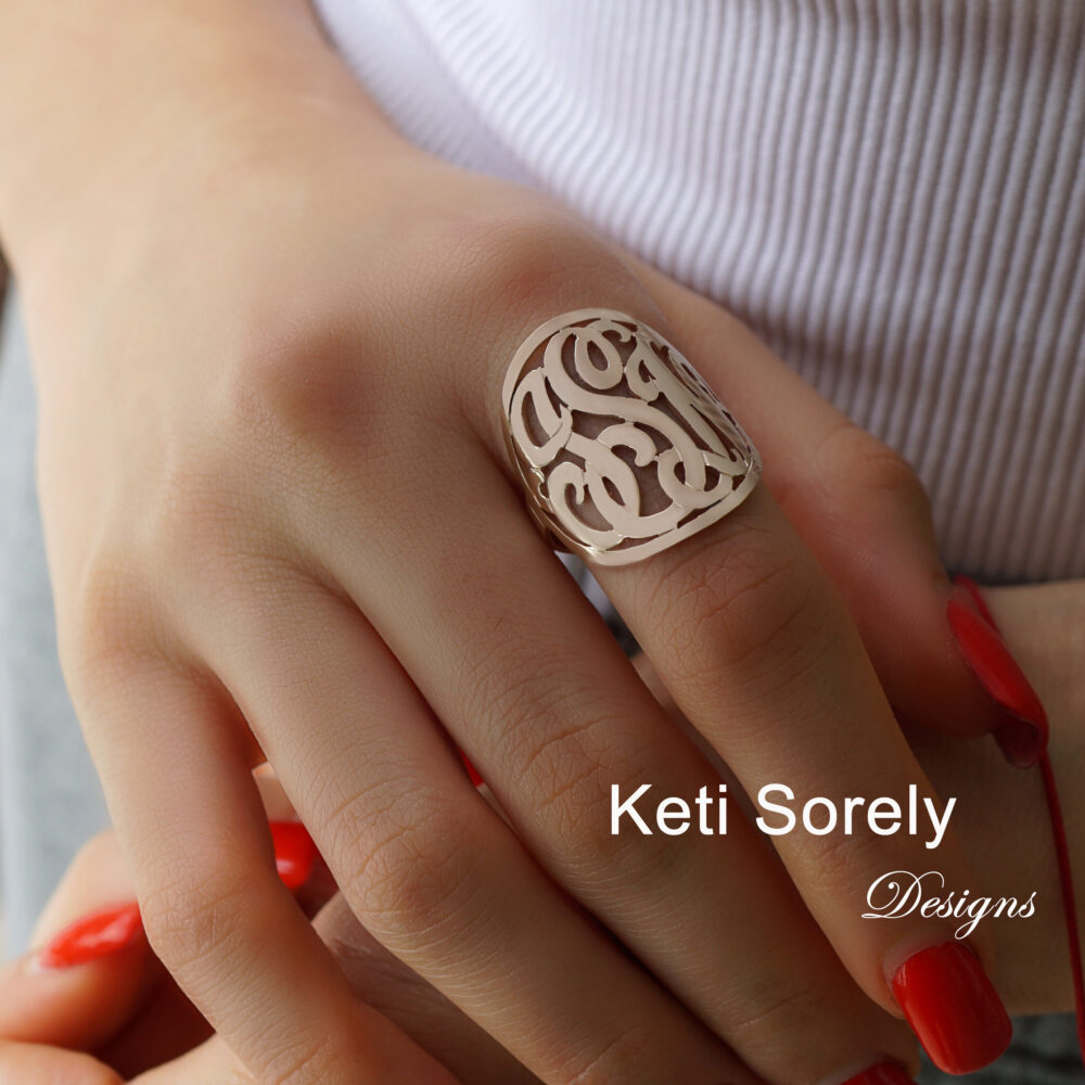 10K, 14K, 18K Or Sterling Silver Large Monogram Ring, Personalized Initials in Yellow, Rose White Gold, Gift For Mother, Sister, Daughter