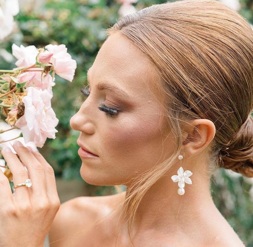 White Flower Earrings, & Freshwater Pearl Bridal Wedding Earrings For Brides, Drop Clay