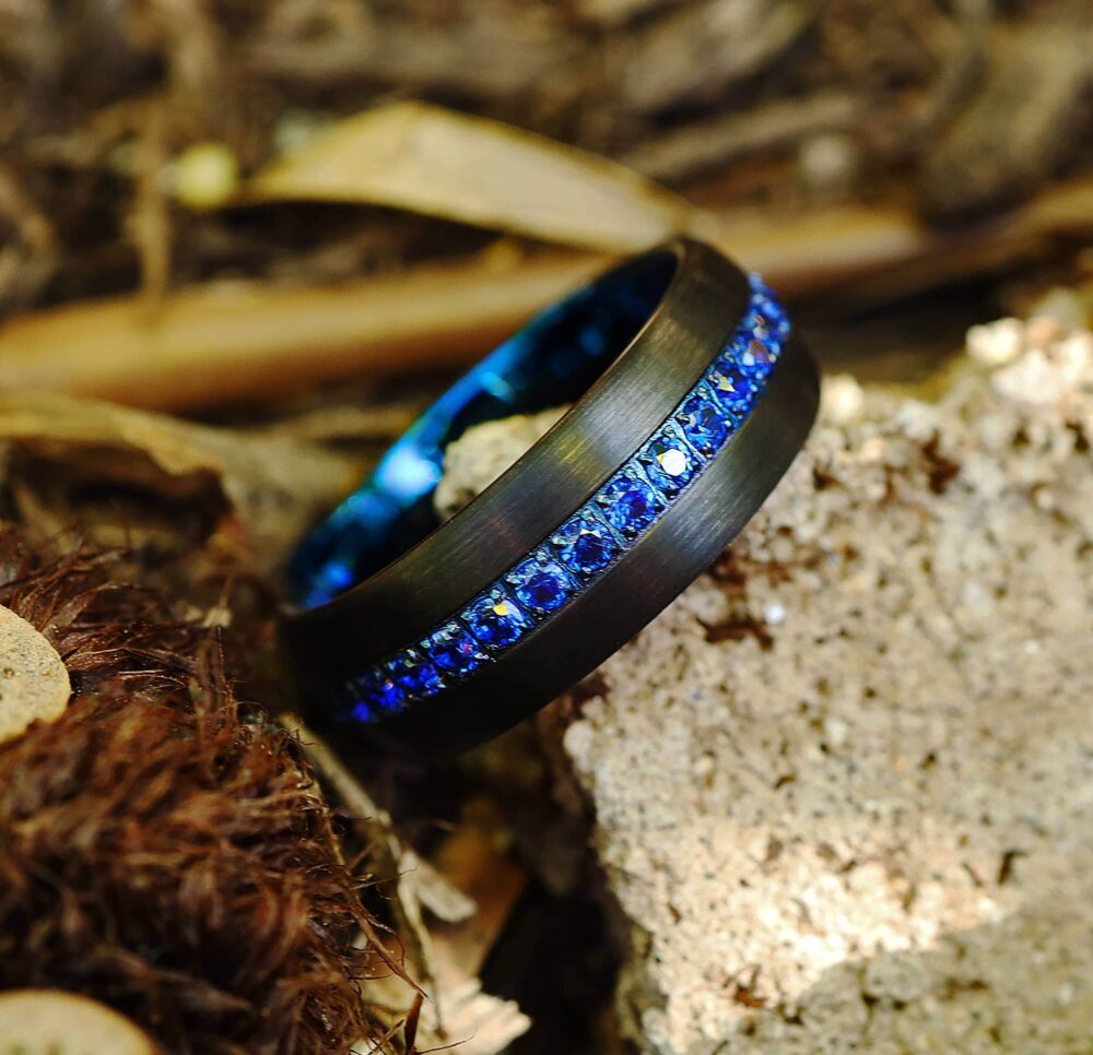 Men's Tungsten Wedding Band with Blue Diamonds, Band, Ring, Domed Black Diamond Ring 8mm