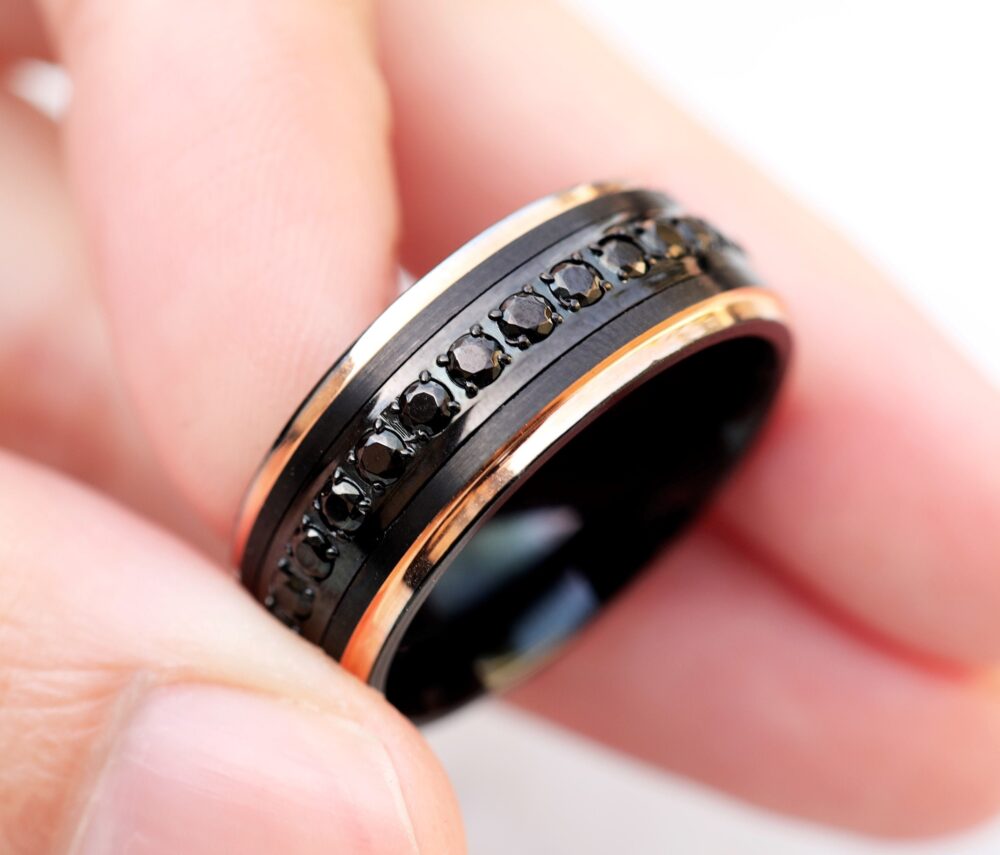 Mens Rose Gold Step Edge, Black Diamond Tungsten Ring, Raised Center Stone Ring Band, Men's - 8mm