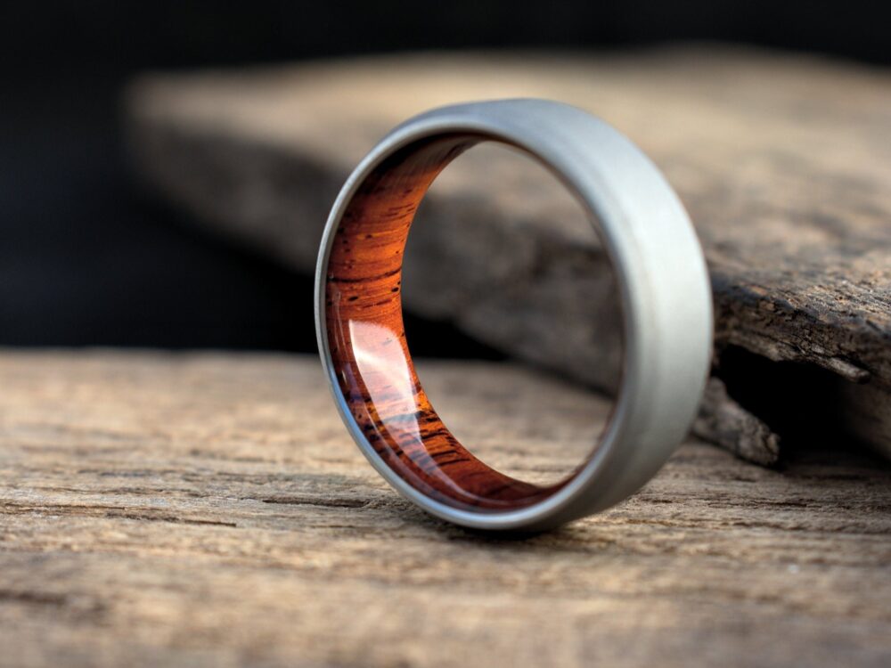 Titanium Cocobolo Wood Wedding Band Matte Stonewashed Beveled Ring