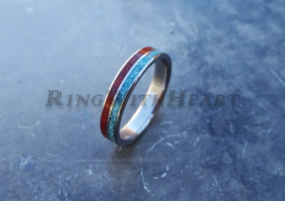 Stainless Steel Ring With Genuine Turquoise & Padauk Wood, Wedding Band, Engagement Ring, December Birthstone, Promise