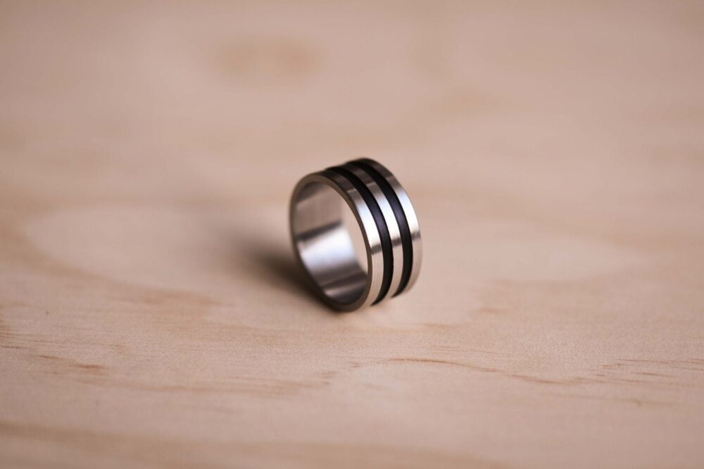 Brushed Marine Grade Stainless Steel Ring Black Double Groove Wedding Band